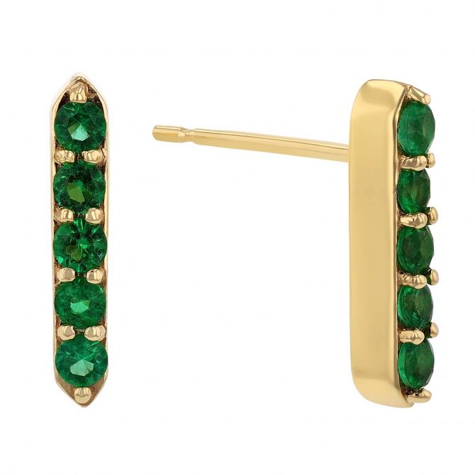 Emerald Bar Stud Earrings in Yellow Gold