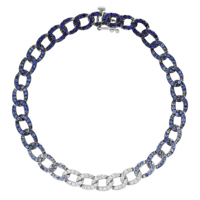 Sapphire Ombre & Diamond Pavé Curb Link Chain Bracelet in White Gold, 7.25"