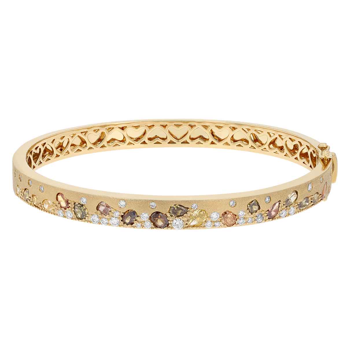 Mixed Shape Multicolored Diamond Flush Set Scatter Bangle Bracelet in Yellow Gold