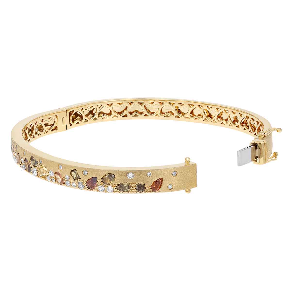 Mixed Shape Multicolored Diamond Flush Set Scatter Bangle Bracelet in Yellow Gold