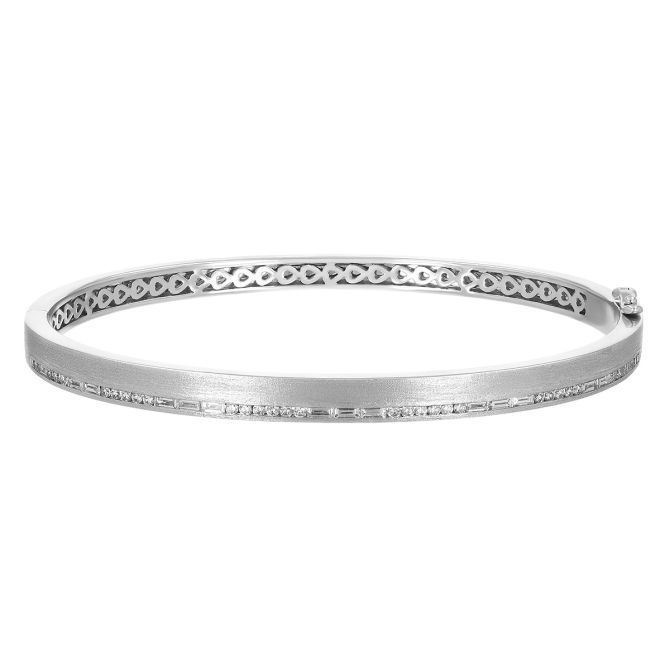 Mixed Shape Diamond Channel Set Squared Edge Bangle Bracelet in White Gold