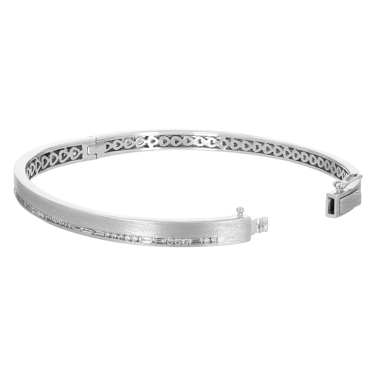 Mixed Shape Diamond Channel Set Squared Edge Bangle Bracelet in White Gold