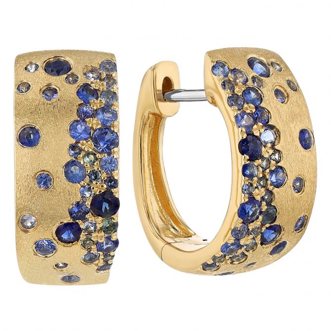 Sapphire Flush Set Scatter Huggie Hoop Earrings in Yellow Gold