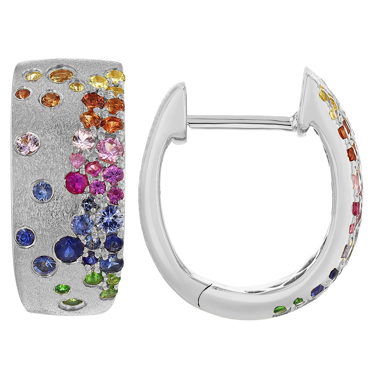Multicolored Sapphire & Tsavorite Flush Set Scatter Huggie Hoop Earrings in White Gold