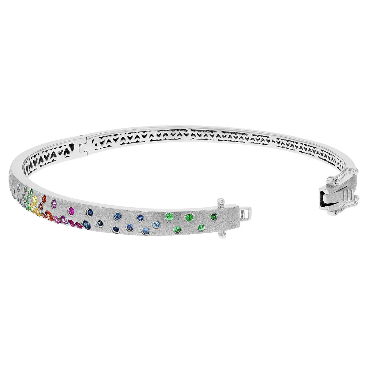 Multicolored Sapphire & Tsavorite Flush Set Scatter Bangle Bracelet in White Gold