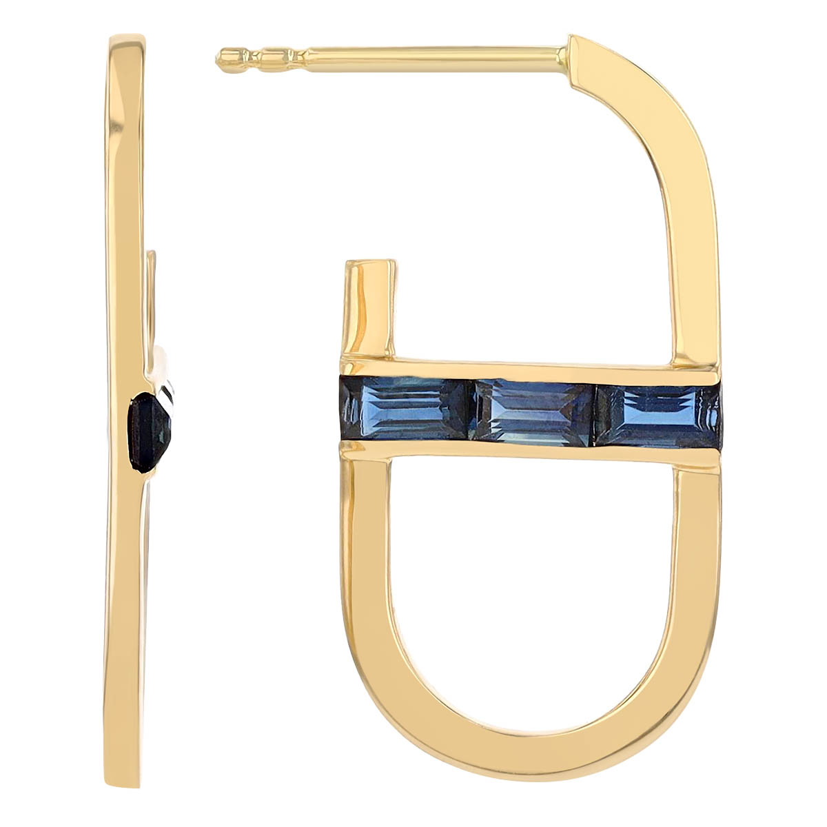 Baguette Sapphire Open Oval Hoop Earrings in Yellow Gold