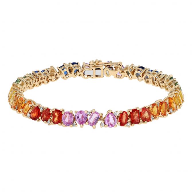 Multicolored Mixed Shape Sapphire & Diamond Tennis Bracelet in Yellow Gold, 6.75"