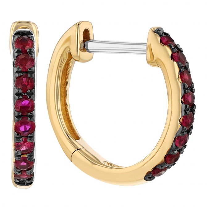 Ruby Huggie Hoop Earrings in Yellow Gold & Black Rhodium
