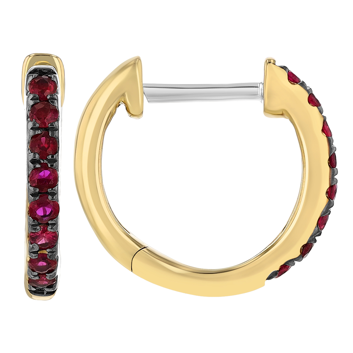 Ruby Huggie Hoop Earrings in Yellow Gold & Black Rhodium
