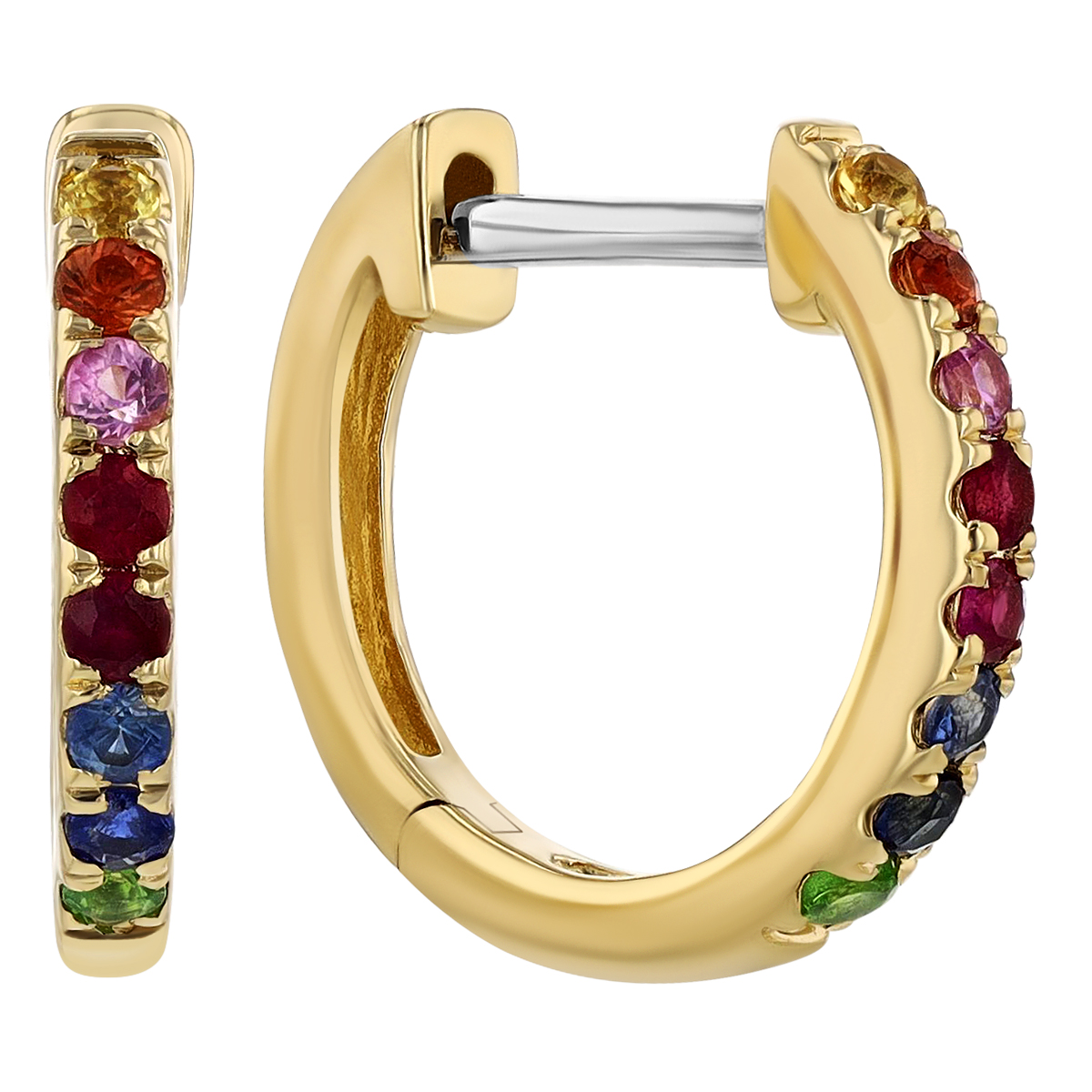 Multicolored Sapphire & Tsavorite Huggie Hoop Earrings in Yellow Gold
