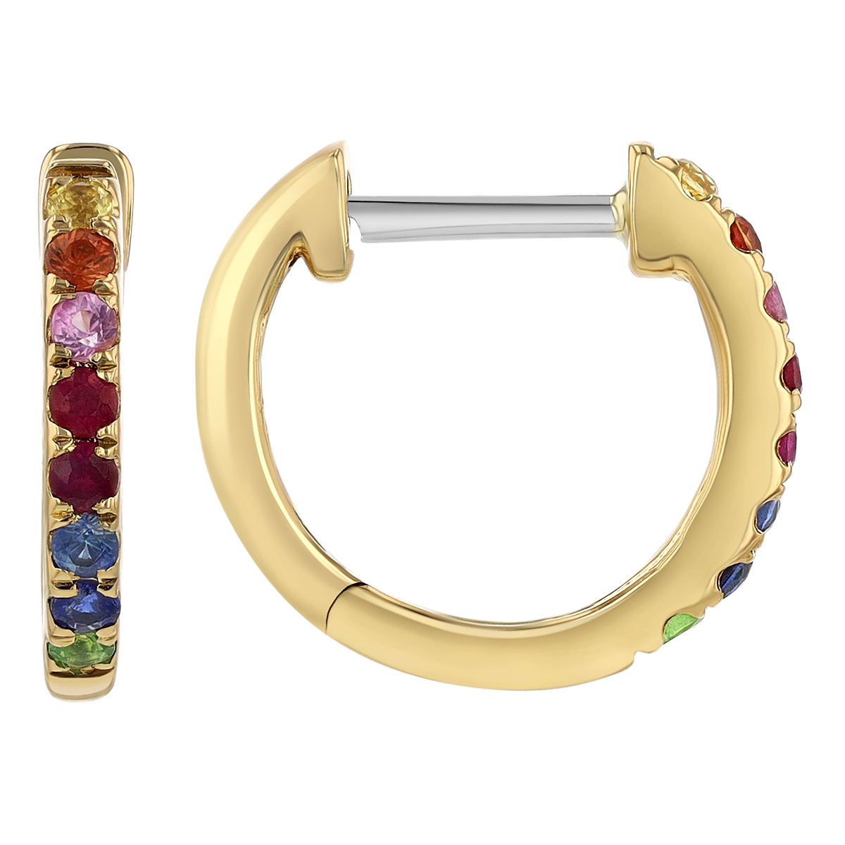 Multicolored Sapphire & Tsavorite Huggie Hoop Earrings in Yellow Gold