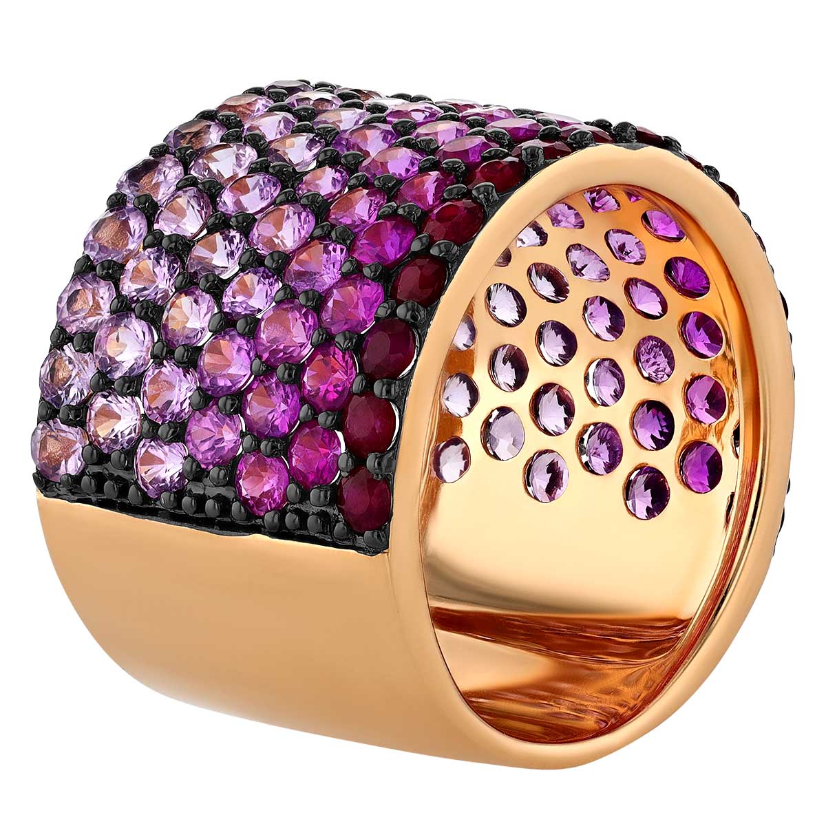 Multicolored Pink Sapphire Gradient Wide Band Ring in Yellow Gold & Black Rhodium