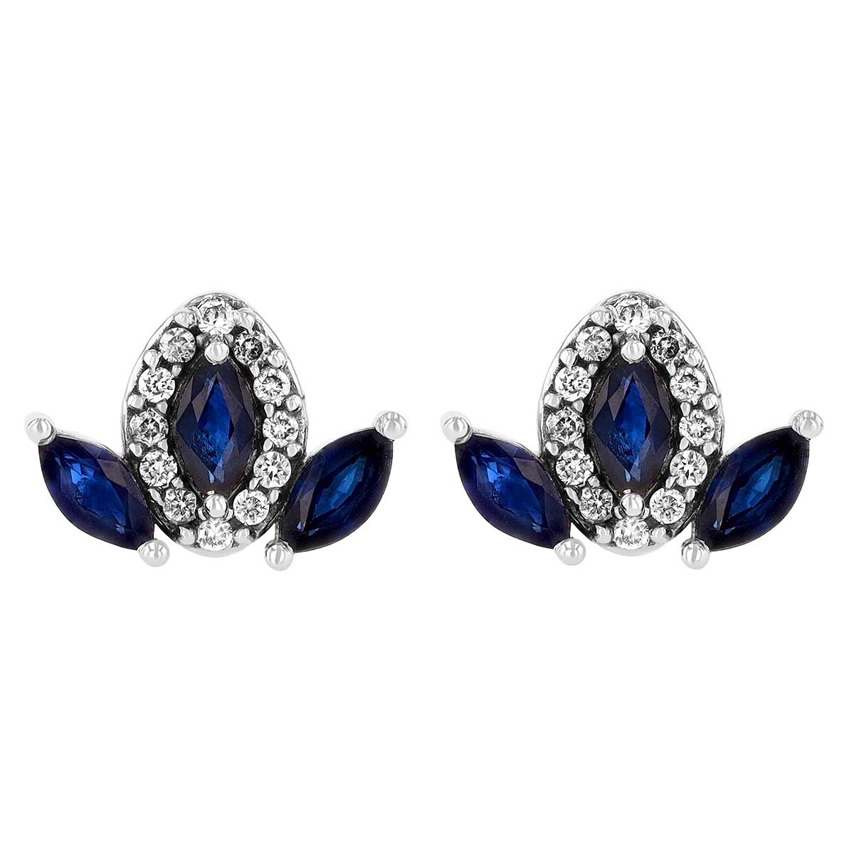 Marquise Sapphire & Diamond 3 Petal Stud Earrings in White Gold