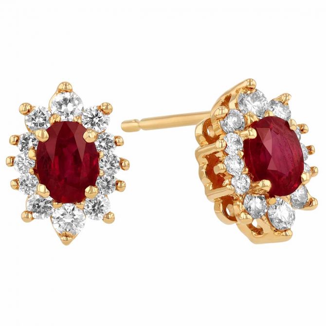 Oval Ruby & Graduated Diamond Pointed Halo Stud Earrings in Yellow Gold
