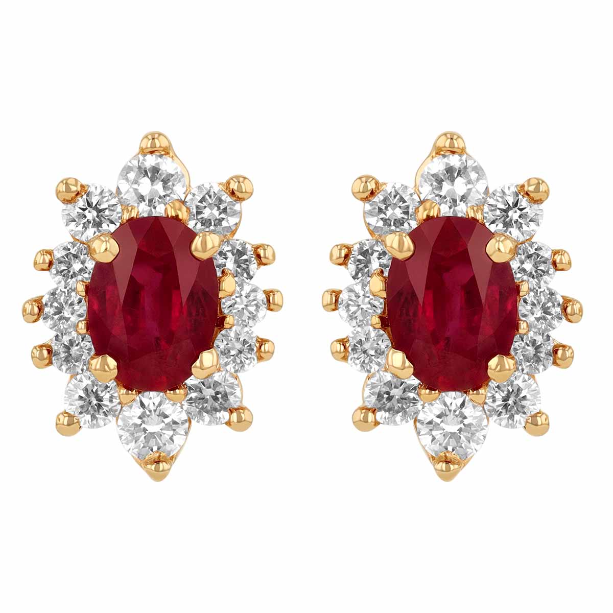Oval Ruby & Graduated Diamond Pointed Halo Stud Earrings in Yellow Gold