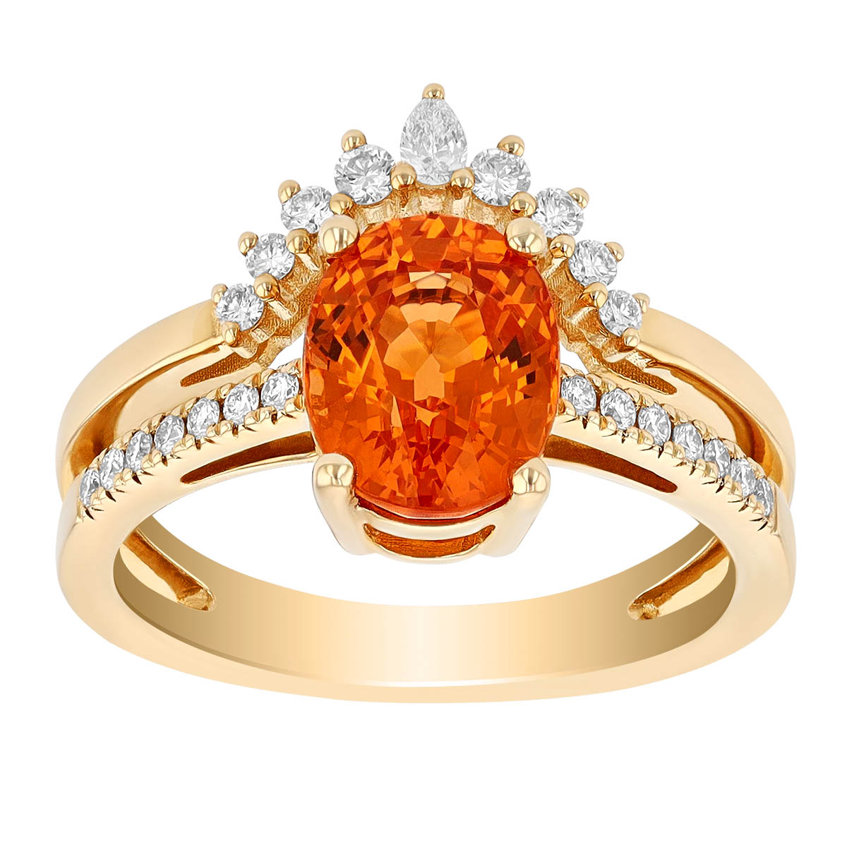 Oval Spessartine Garnet & Diamond Tiara Split Shank Ring in Yellow Gold