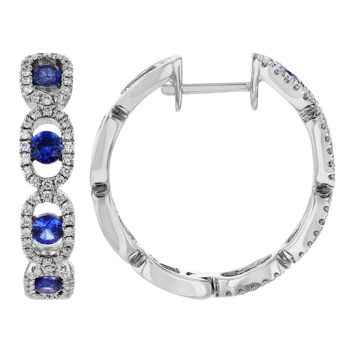 Round Sapphire & Diamond Oval Halo Hoop Earrings in White Gold