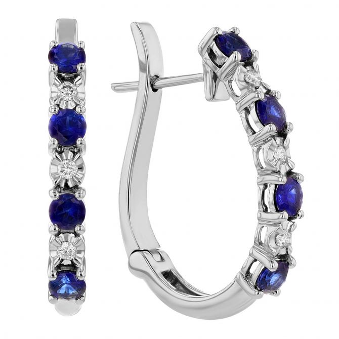 Sapphire Diamond Alternating Leverback Hoop Earrings in White