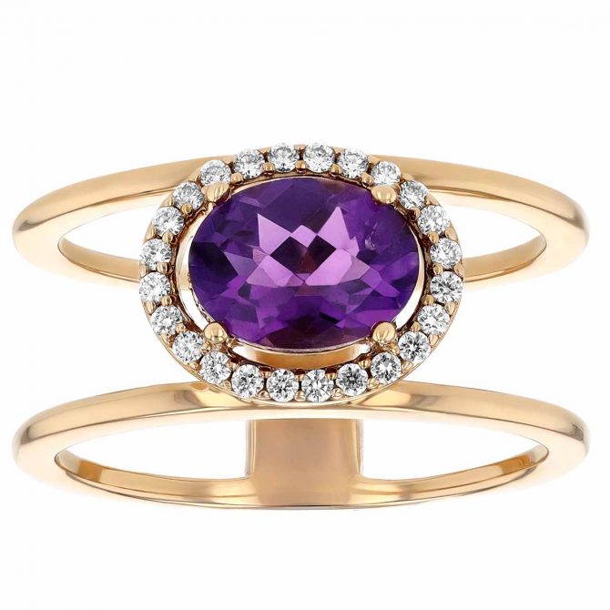 Oval Amethyst & Diamond Halo Split Band Ring in Rose Gold