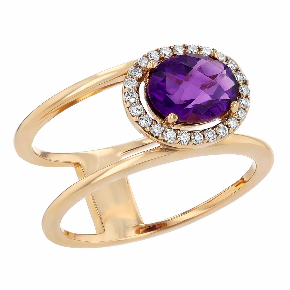 Oval Amethyst & Diamond Halo Split Band Ring in Rose Gold
