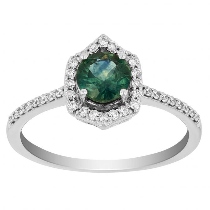 Round Sapphire & Diamond Pointed Halo Ring in White Gold