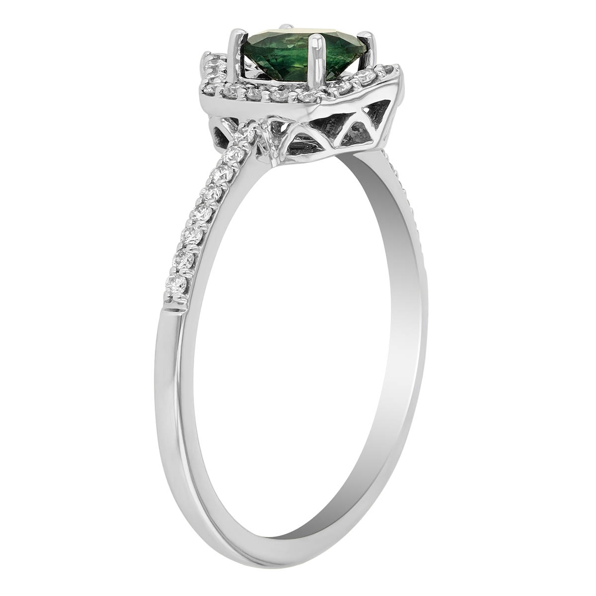 Round Sapphire & Diamond Pointed Halo Ring in White Gold