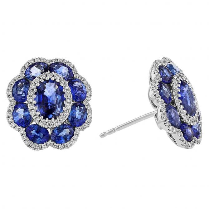 Oval Sapphire with Diamond & Sapphire Floral Halo Stud Earrings in White Gold