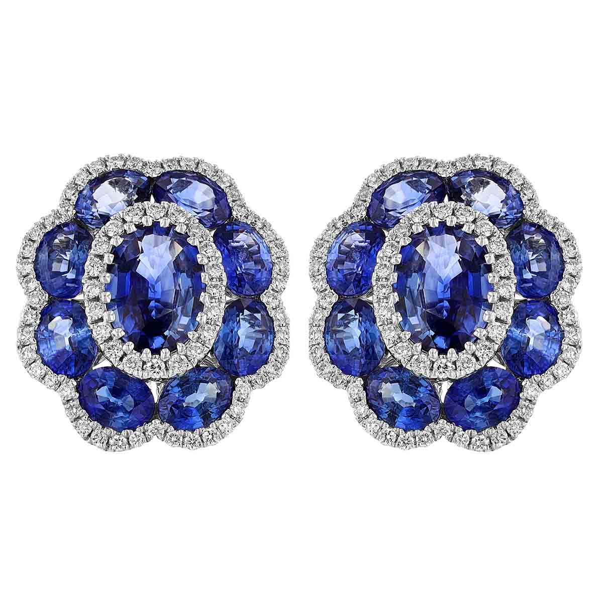 Oval Sapphire with Diamond & Sapphire Floral Halo Stud Earrings in White Gold