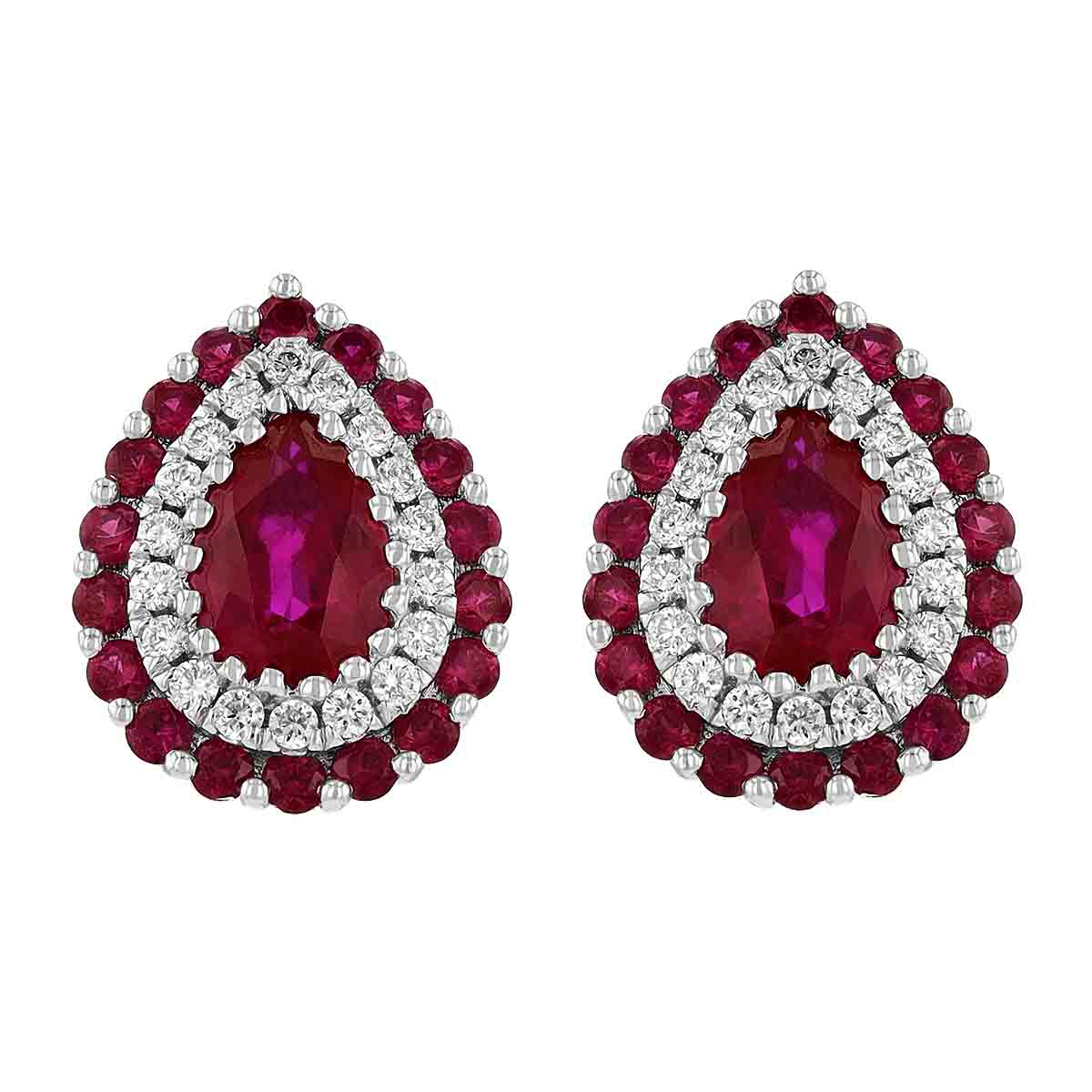 Pear Shaped Ruby with Diamond & Ruby Halo Stud Earrings in White Gold