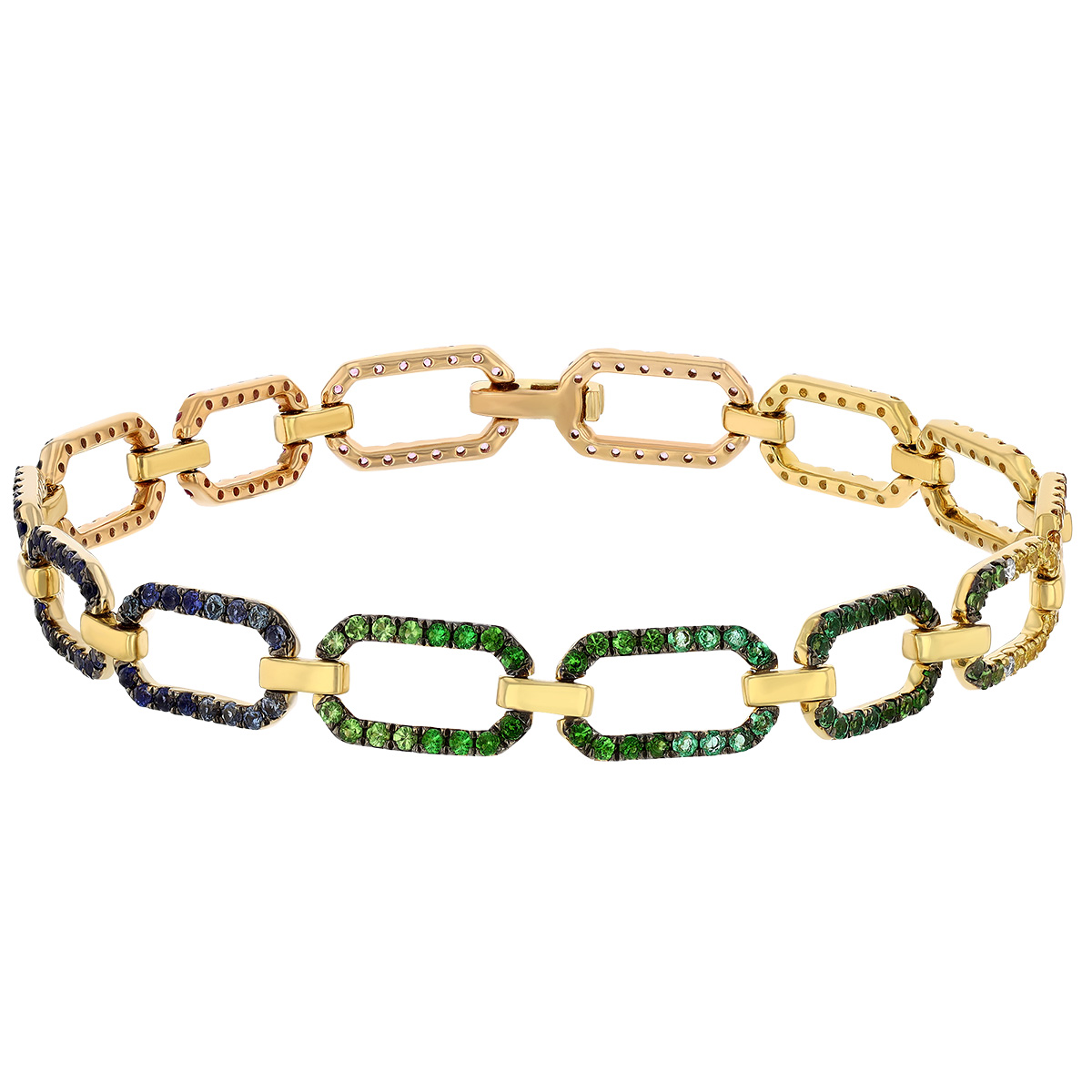 Multicolored Sapphire & Diamond Rectangle Link Bracelet in Yellow Gold, 7