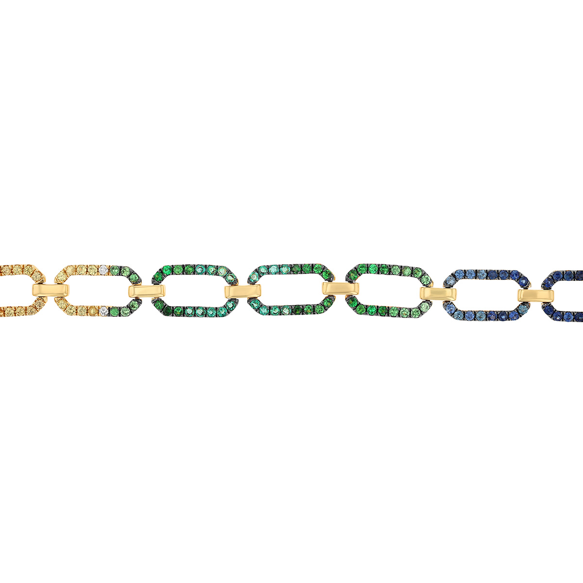 Multicolored Sapphire & Diamond Rectangle Link Bracelet in Yellow Gold, 7