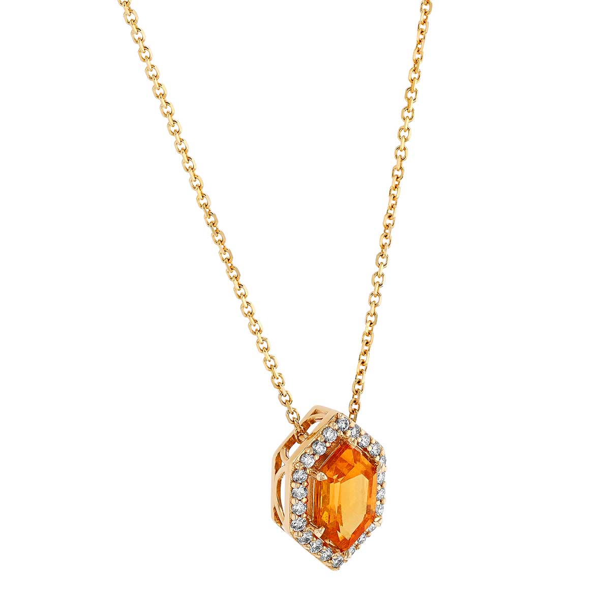 Hexagon Spessartine Garnet & Diamond Pointed Halo Pendant in Yellow Gold, 18