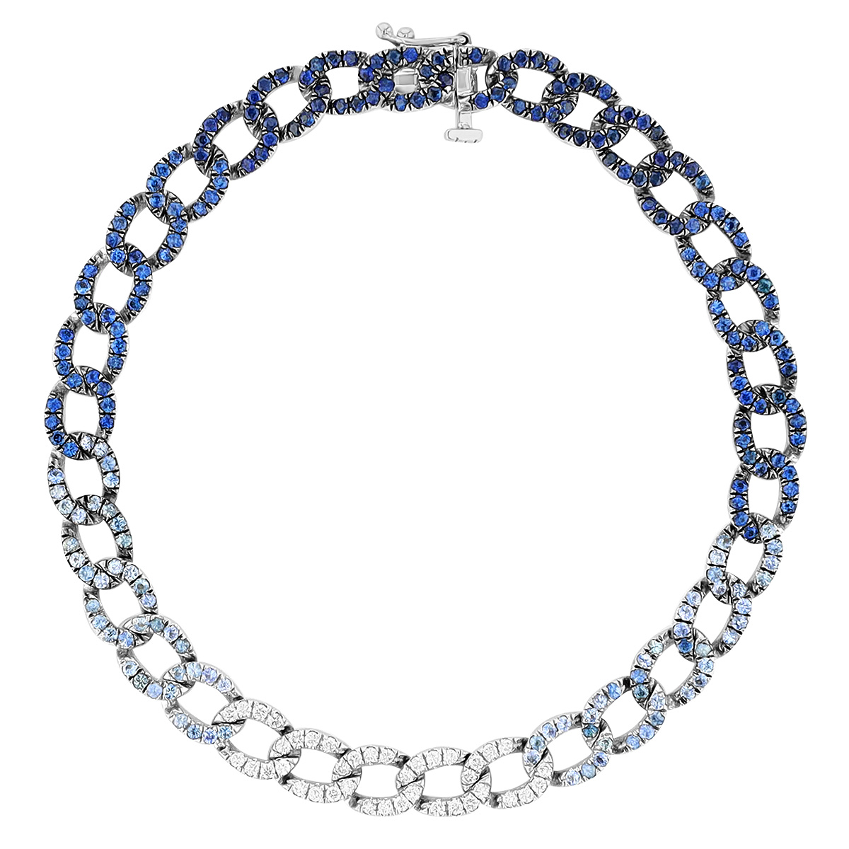 Blue Sapphire Ombre & Diamond Pave Curb Link Chain Bracelet in White Gold