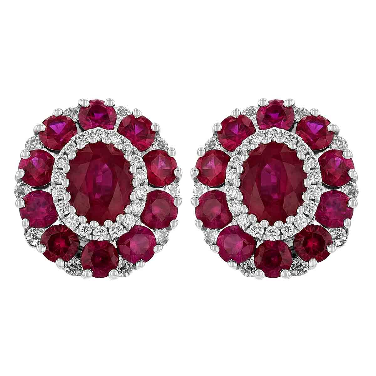 Oval Ruby with Diamond & Ruby Halo Stud Earrings in White Gold
