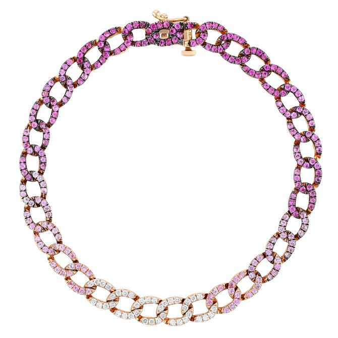 Pink Sapphire Ombre & Diamond Pave Curb Link Chain Bracelet in Rose Gold & Black Rhodium, 7"