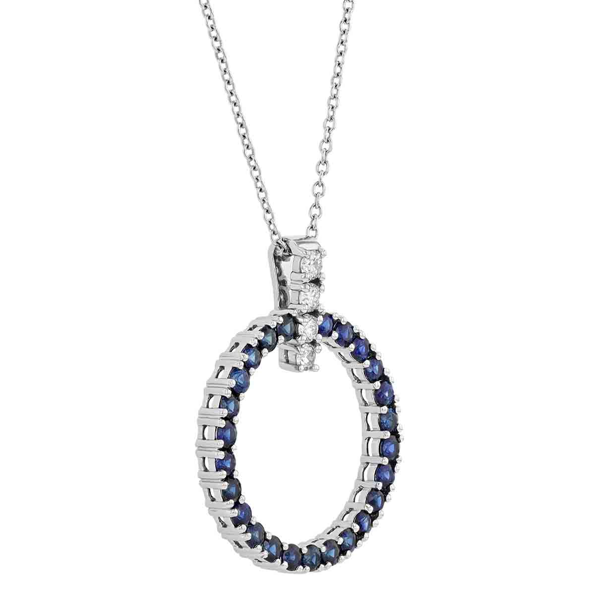 Sapphire Open Circle & Diamond Bail Pendant in White Gold, 18