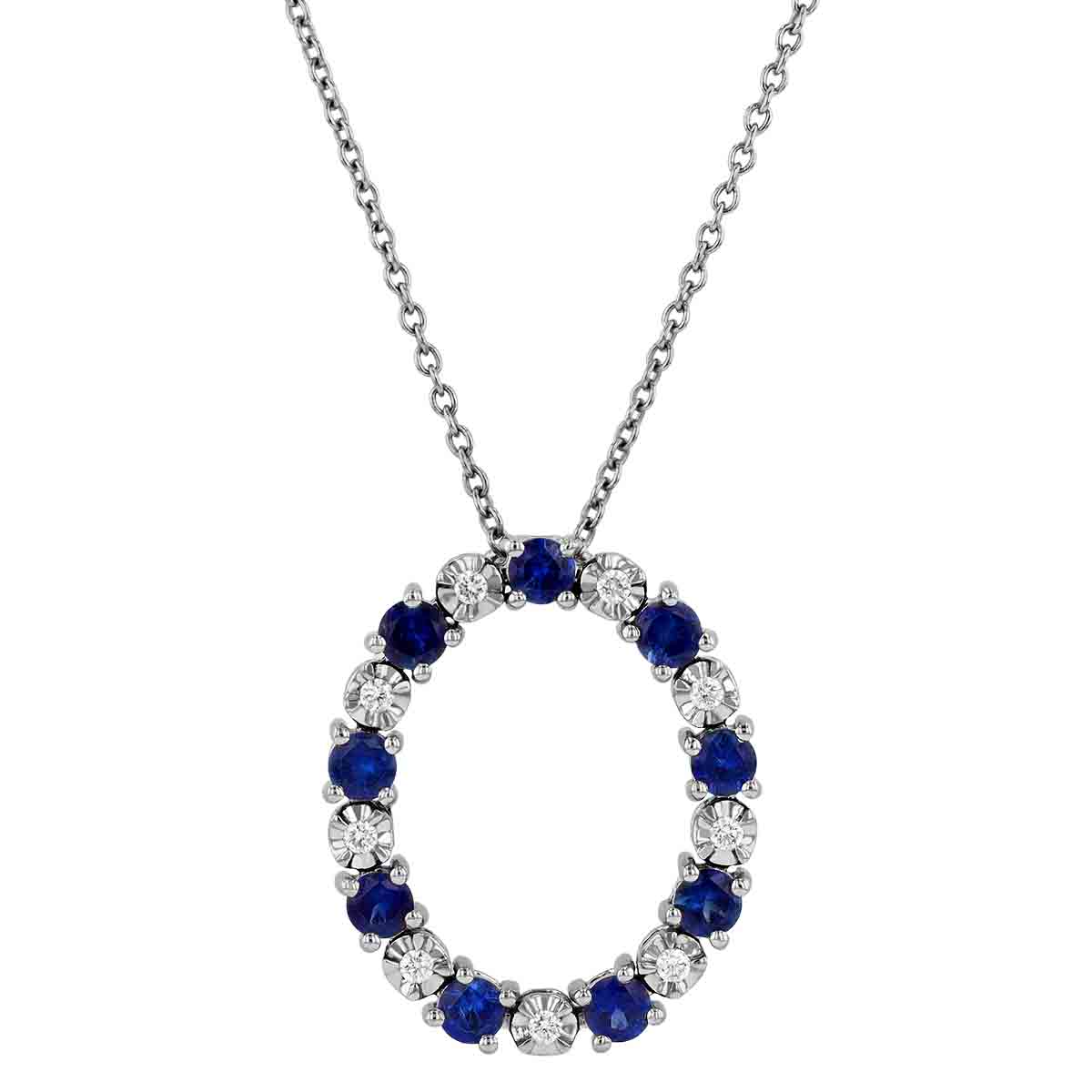 Sapphire & Diamond Alternating Open Oval Pendant in White Gold, 18