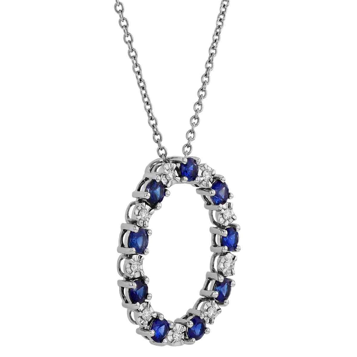 Sapphire & Diamond Alternating Open Oval Pendant in White Gold, 18