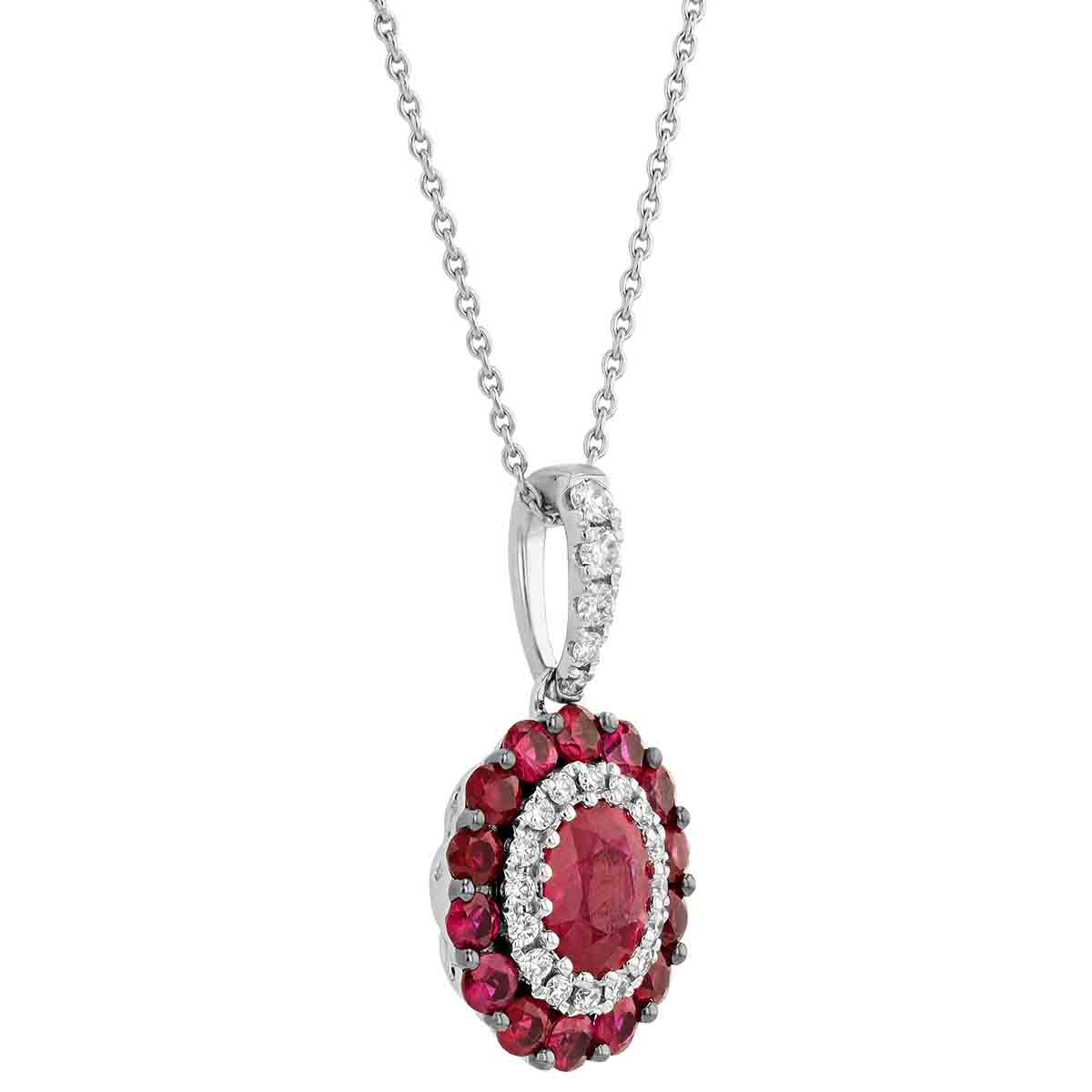 Oval Ruby with Diamond & Ruby Halo Pendant in White Gold, 18
