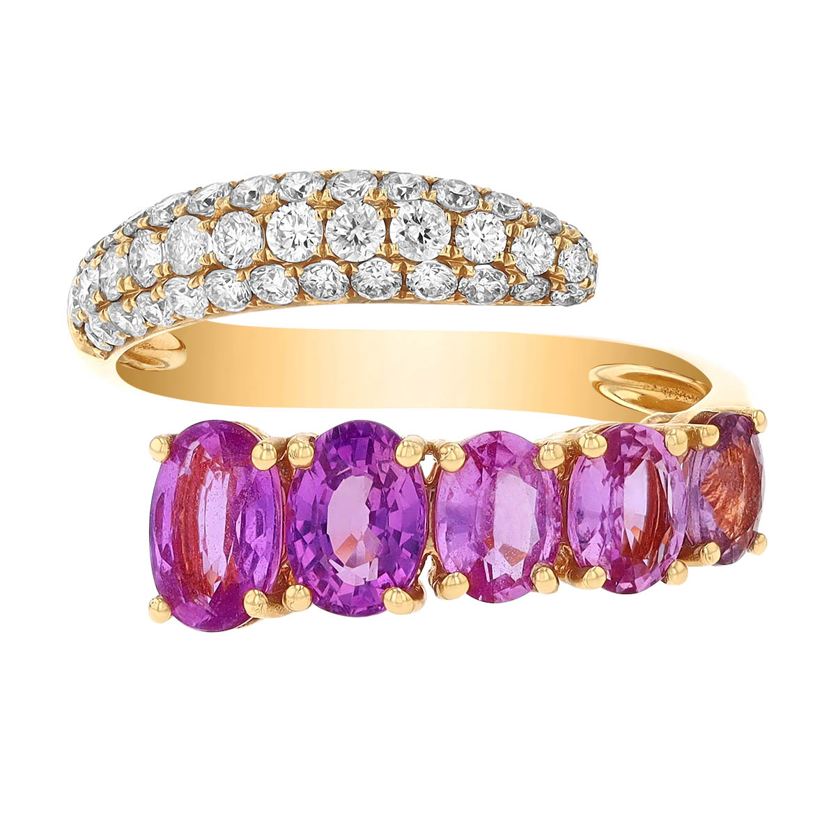 Oval Pink Sapphire & Diamond Pavé Bypass Ring in Yellow Gold