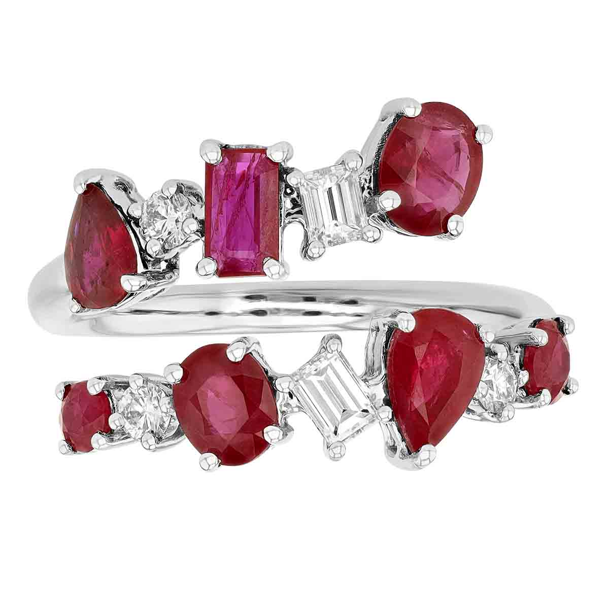 Mixed Shape Ruby & Diamond Bypass Ring in White Gold