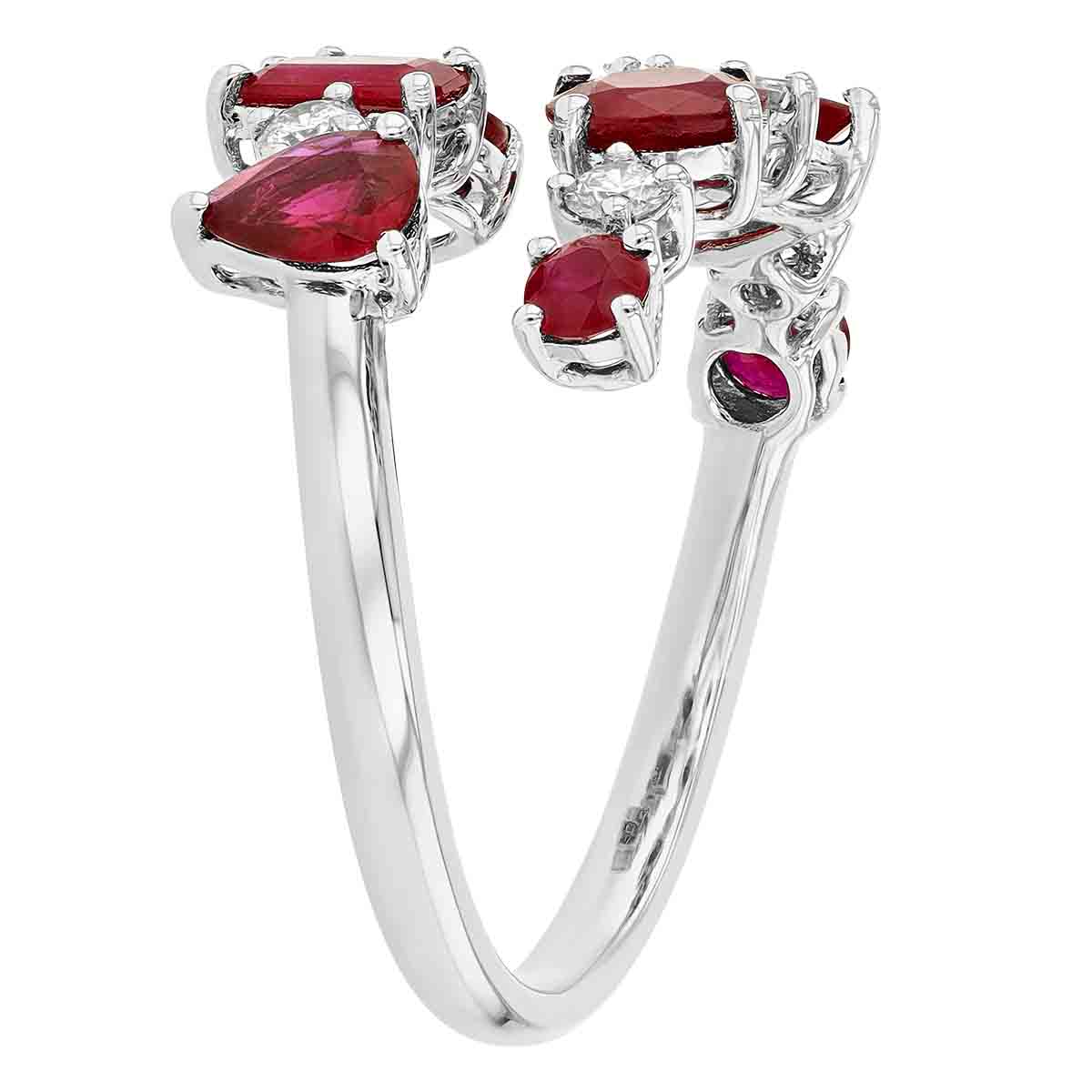 Mixed Shape Ruby & Diamond Bypass Ring in White Gold