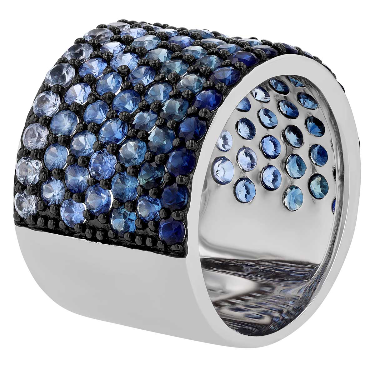 Blue Sapphire Pave Ombre Wide Band Ring in White Gold & Black Rhodium