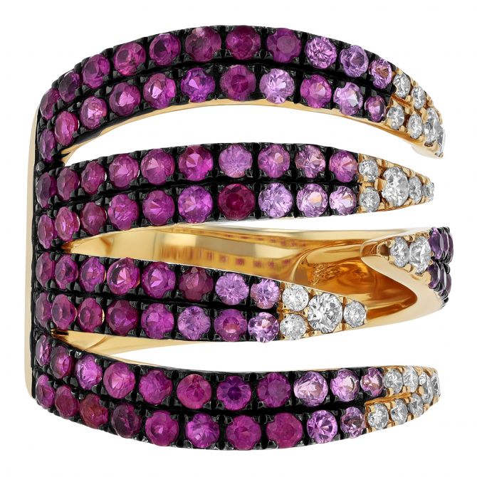 Pink Sapphire Ombre & Diamond Pave 5 Pointed Row Open Ring in Yellow Gold & Black Rhodium