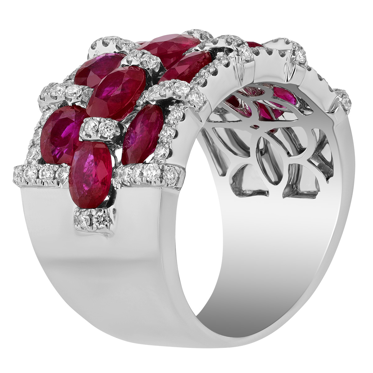 Oval Ruby & Diamond 3 Row Woven Ring in White Gold