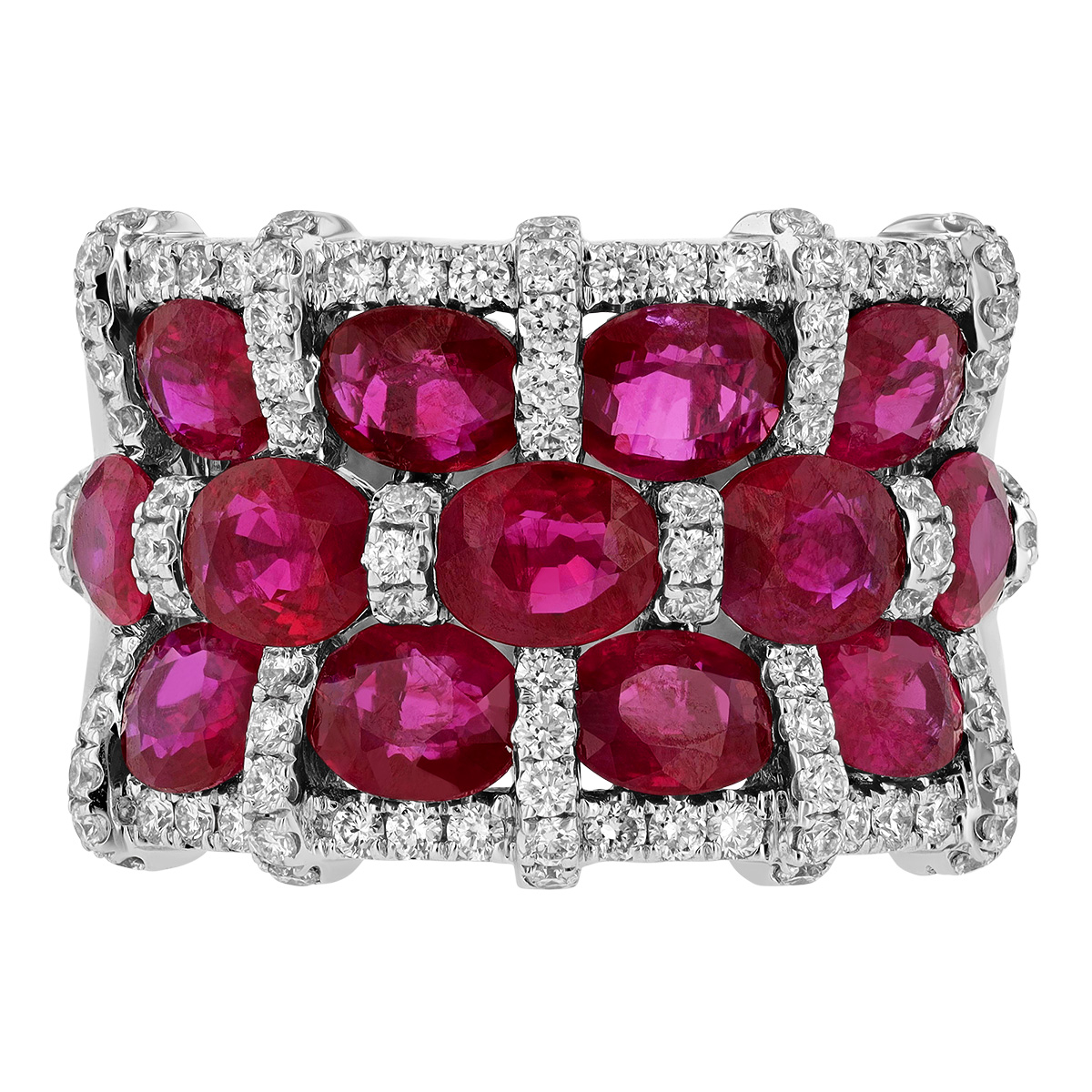 Oval Ruby & Diamond 3 Row Woven Ring in White Gold