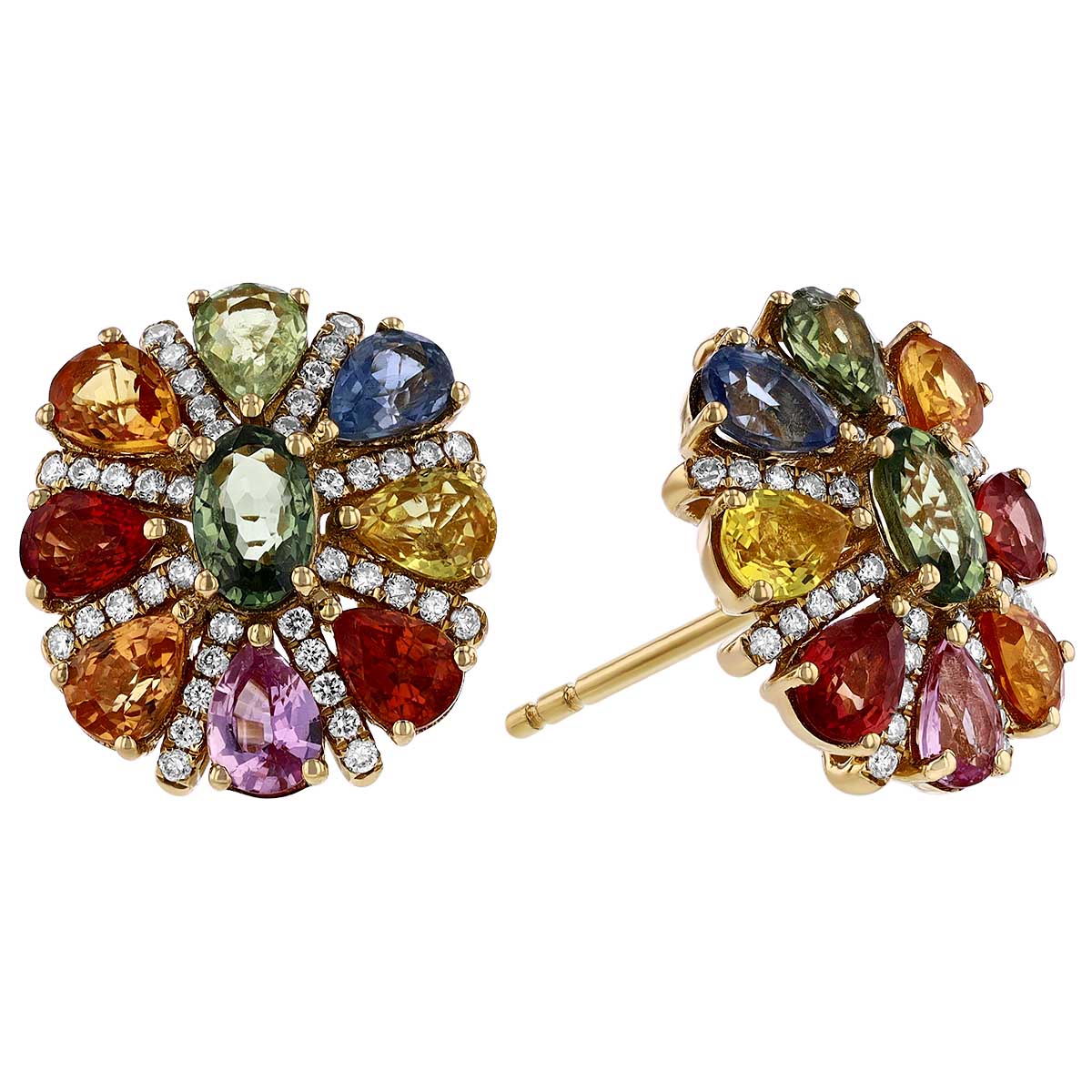 Multicolored Pear Shaped Sapphire & Diamond Floral Stud Earrings in Yellow Gold