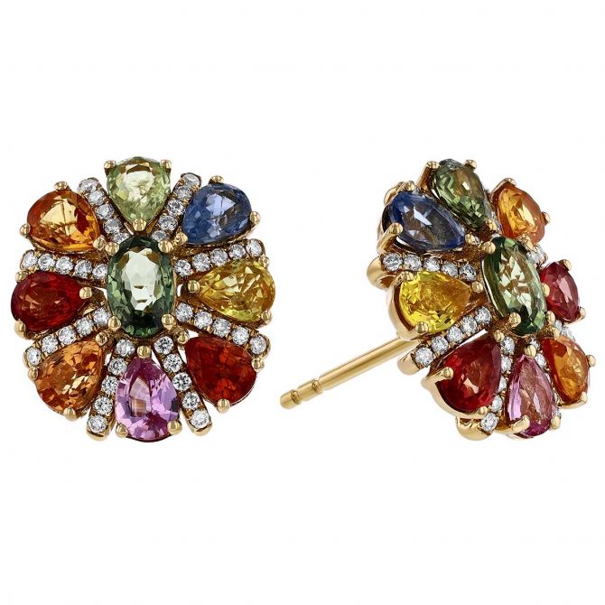 Multicolored Pear Shaped Sapphire & Diamond Floral Stud Earrings in Yellow Gold
