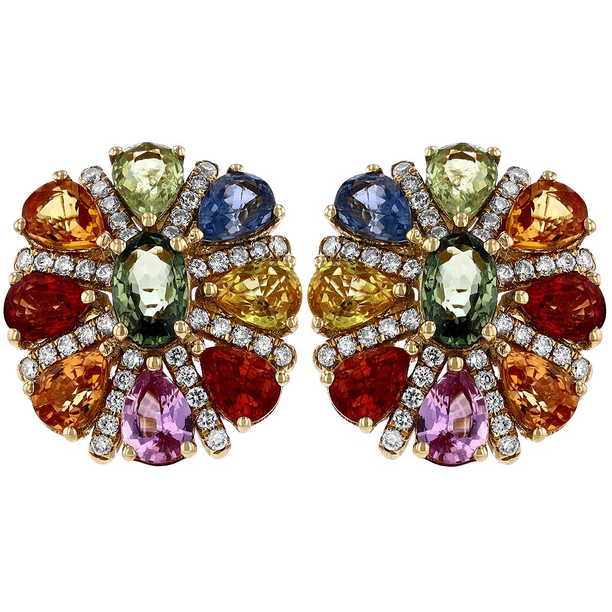 Multicolored Pear Shaped Sapphire & Diamond Floral Stud Earrings in Yellow Gold