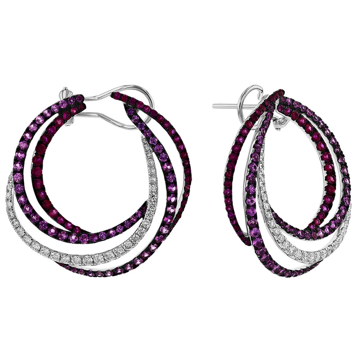 Pink Sapphire & Diamond Layered Circle Earrings in White Gold & Black Rhodium